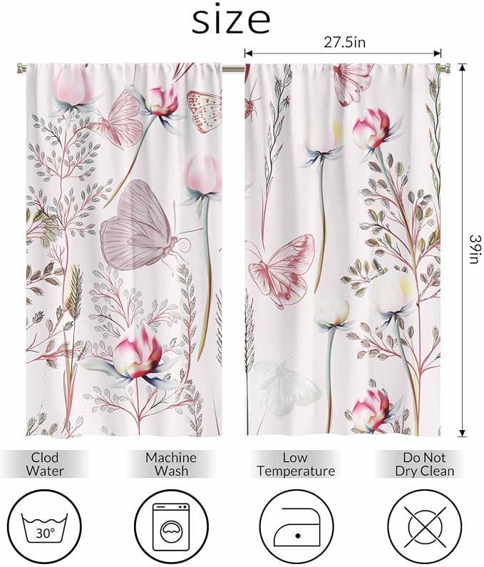 Pink Floral Kitchen Curtains Pretty Elegant Peony Rose Lovely Butterfly Short - Image 2