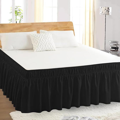 King Bed Skirt, Elastic Wrap Around Bed Skirt King Size, Bed Skirts for Adjustable Bed, Easy Fit with 18" Drop Length Tailored Drop Dust Ruffle (Black)