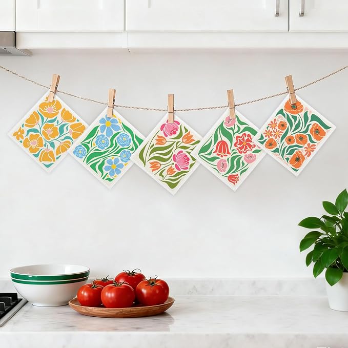 5 Pack Mixed Colorful Blossoms Flower Swedish Kitchen Dishcloths Dish Towels - Image 7