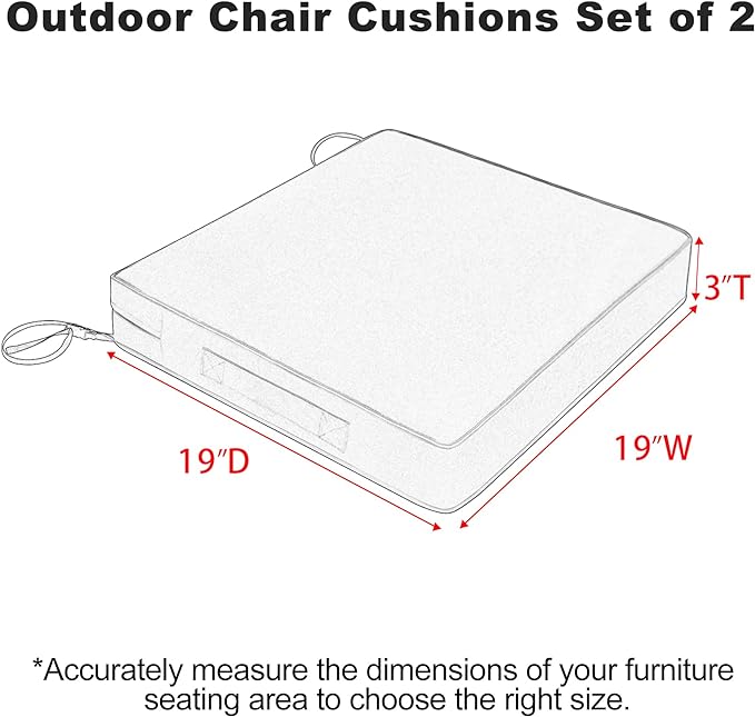 Favoyard Patio Chair Cushions 19 x 19 x 3 Inch Waterproof Outdoor Seat Cushions for Patio Furniture 3-Year Color Fastness Garden Sofa Couch Pads with Handle & Adjustable Straps Set of 2, Blue