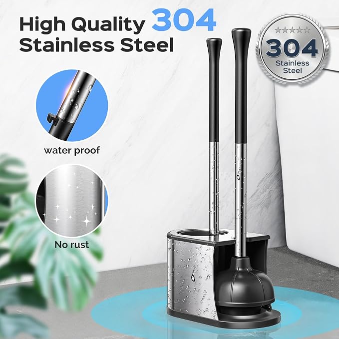 HAMITOR Toilet Plunger and Brush Set: 2 in 1 Stainless Steel Rustproof Combo - Image 3