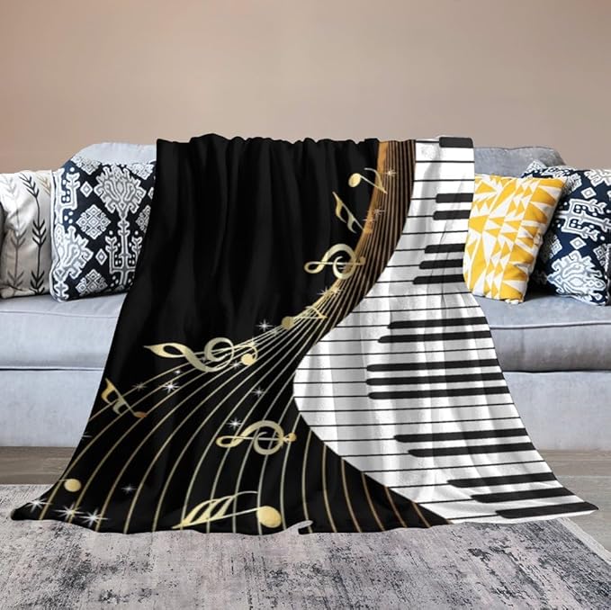 Music Note Blanket Black White Piano Keys Gold Music Note Soft Cozy Lightweight Throw Blanket for Kids Girls Boys Bedroom Living Room Dorm Chair Sofa Travel 60x80in