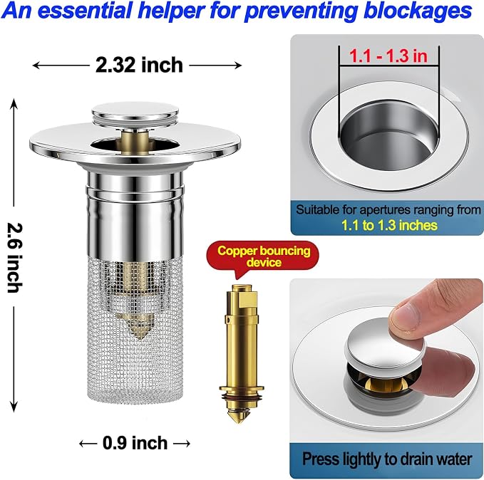 Bathroom Sink Drain Strainer, Pop-up Sink Stopper Hair Catcher - Image 3