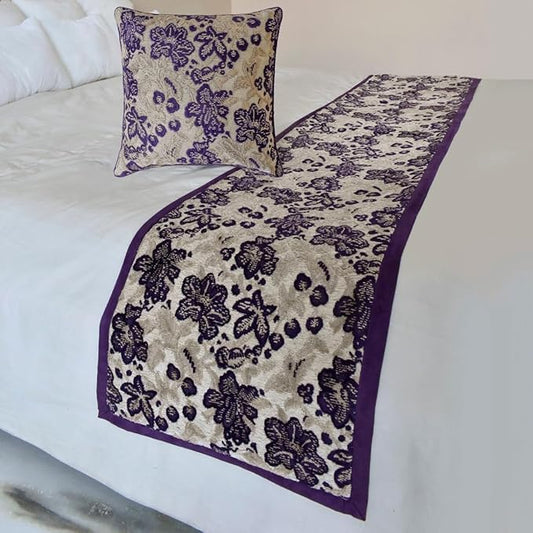 The HomeCentric King/Queen/Twin Purple Designer Queen 74"x18" Bed Runner with 2 Pillow Cover, Floral, Velvet Bed Scarf on Velvet Fabric - Plum Petal