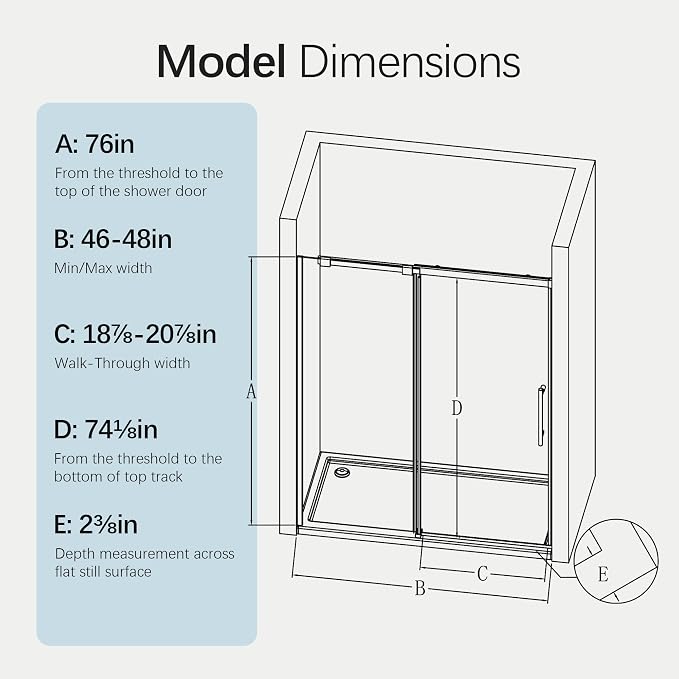 46-48" W x 76" H Frameless Sliding Shower Door, Bathroom Single Sliding Shower - Image 2