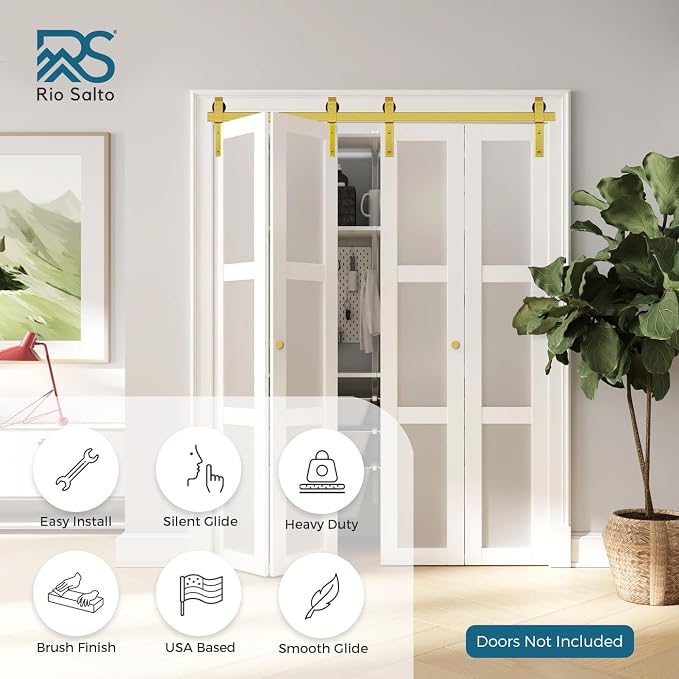 Rio Salto Gold Bifold Sliding Barn Door Hardware Kit Heavy Duty Metal Track - Image 9