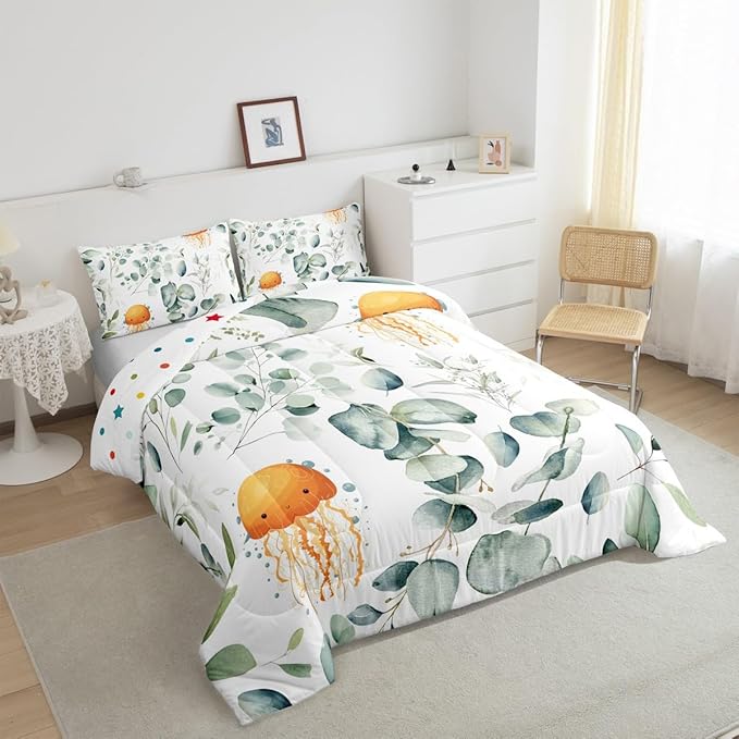 Erosebridal Kawaii Jellyfish Bedding Queen Size for Boys Girls Cartoon Animal Comforter Set Queen, Eucalyptus Leaves Duvet Insert Ocean Wildlife Quilt Set, Tropical Plants Bedding Comforters & Sets