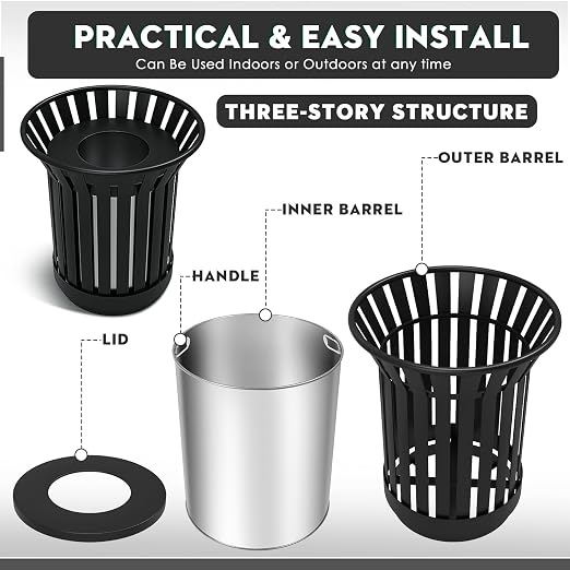27.6IN Round Large Outdoor Trash Can, Heavy Duty Metal Slatted Garbage Can - Image 6