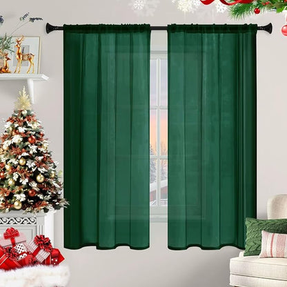 Sheer Curtains 45 Inches Long 2 Panels, Rod Pocket Short Curtain for Kitchen, Bedroom, Cafe Window(Foliage Green 38" W x 45" L)