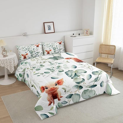 Erosebridal Kawaii Pig Bedding Full Size for Boys Girls Cartoon Animal Comforter Set Full, Eucalyptus Leaves Duvet Insert Farm Wildlife Quilt Comforter, Tropical Plants Bedding Comforters & Sets