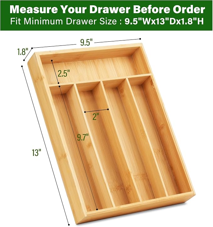 LotFancy Bamboo Kitchen Drawer Organizer, 9.5 Inch Silverware Tray - Image 2