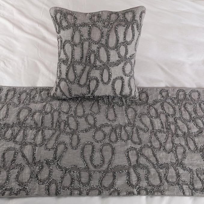 The HomeCentric King Queen Twin Bed Runner, Grey Designer Bed Scarf in Linen with Embroidery, Queen Size 74"x18" Bed Runner with 2 Pillow Cover, Bed Linen Foot Warmer Home Living - Grace Forever
