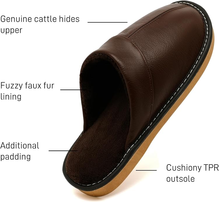 Slippers for Women Men, Genuine Leather Slippers Indoor Outdoor, Fuzzy Bedroom - Image 5
