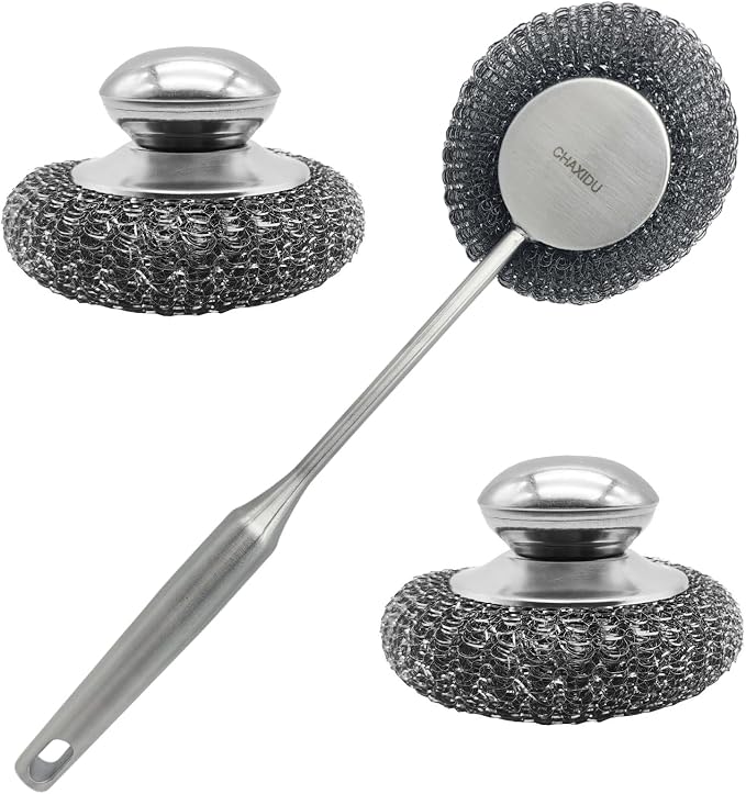 Stainless Steel Wool Scrubber Set, Long Handle & Handle Brushes, Metal Brush by Unknown