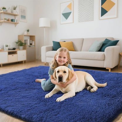 Blue Fluffy Rug Shaggy Area Rug, 9x12 Area Rugs for Girls Bedroom, Big Soft Shaggy Bedside Non-Slip Plush Dorm Nursery Kids Carpet Home Decor Aesthetic