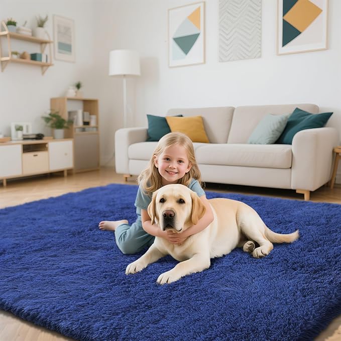 Blue Fluffy Rug Shaggy Area Rug, 6x9 Area Rugs for Girls Bedroom, Big Soft Shaggy Bedside Non-Slip Plush Dorm Nursery Kids Carpet Home Decor Aesthetic