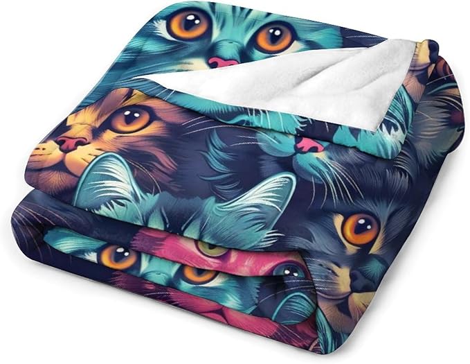 Funny Colorful Cat Print Blanket Kawaii Kitty Animal Throw Blankets Gifts for Couch Sofa Bed Stuff Decor Soft Cozy Fleece Plush Warm Flannel Bedding for Lover Men Women 40"x50"