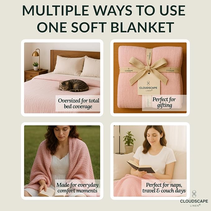 Cloud Scape Linen 4 Layer Oversized Muslin Blanket King Size - 100% Cotton, Lightweight & Breathable All Season Blanket for Bed, fits California King, 92x108, Seashell Pink