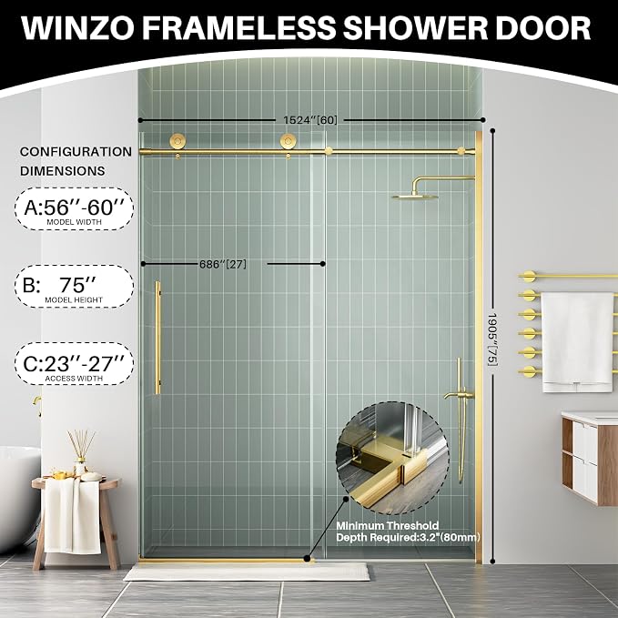 WinZo Frameless Shower Door 56-60 in W x 75 in H, Sliding Shower Door - Image 8