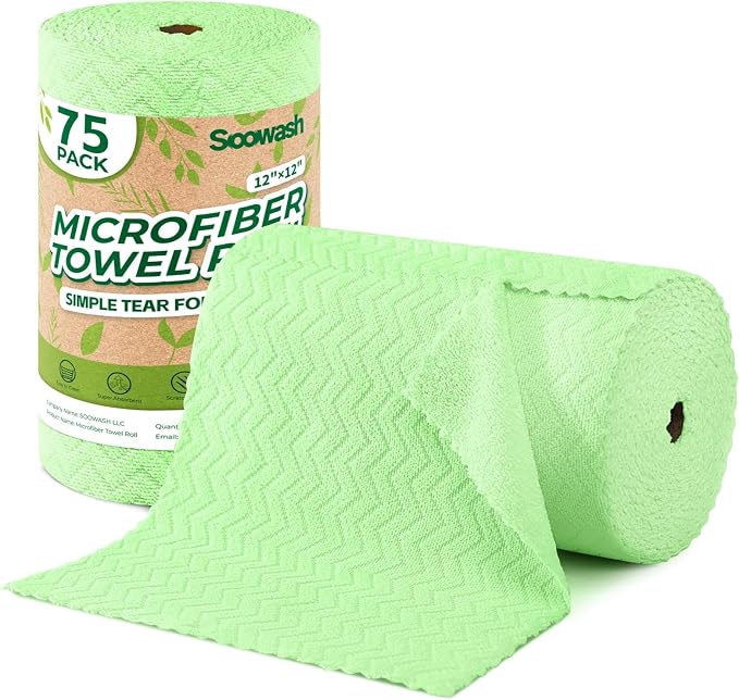 Microfiber Cleaning Cloths Roll, 75 Pack Tear Away Microfiber Towels Roll by SOOWASH