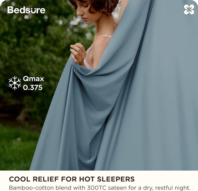Bedsure Cooling Sheets, Rayon Derived from Bamboo & Cotton Blend, GentleSoft, Breathable, King Size Sheets Set, Deep Pocket Up to 18", Hotel Luxury Bedding for Hot Sleepers, Dusty Blue