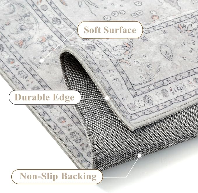 Grey 8x10 Area Rug Washable Vintage Carpet for Living Room Bedroom Large Soft Retro Floral Low Pile Thin Indoor Rug Non Slip Central Medallion Floor Cover for Dining Room Office