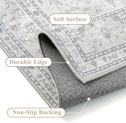 Grey 8x10 Area Rug Washable Vintage Carpet for Living Room Bedroom Large Soft Retro Floral Low Pile Thin Indoor Rug Non Slip Central Medallion Floor Cover for Dining Room Office