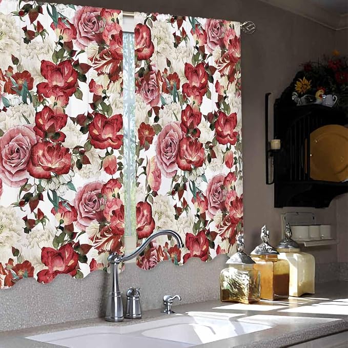 Vintage Floral Kitchen Curtains Red Pink White Peony Roses Bouquet Short Tier - Image 4