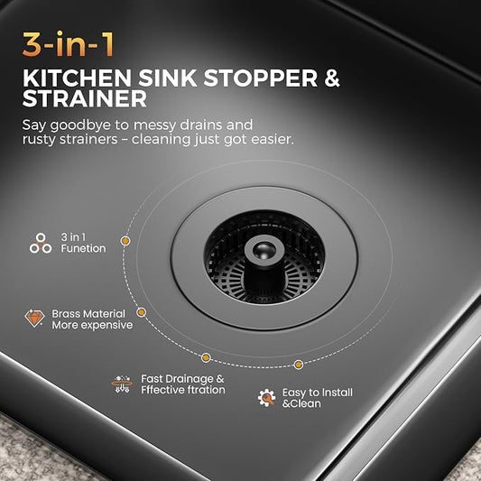 3-in-1 Kitchen Sink Strainer & Stopper, Matte Black Pop Up Drain Filter – - Image 2