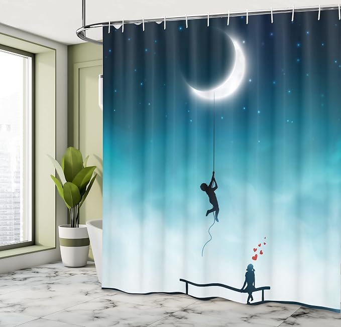 Ambesonne Fantasy Shower Curtain, Characters Climbing to The Moon and Sitting - Image 4