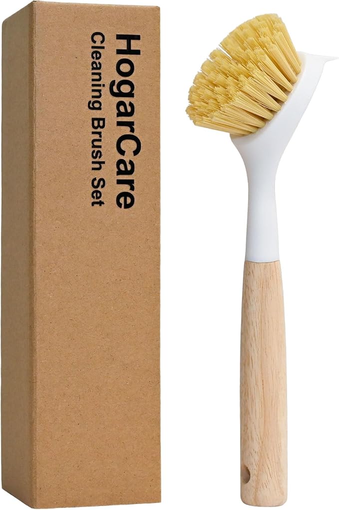 Dish Brush with Handle Wood Built-in Scraper, Scrub Brush by Unknown