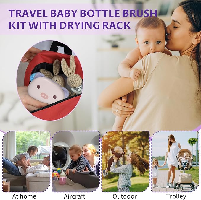 VOOWO Baby Bottle Brush & Drying Rack, Portable Travel Kit - Image 6