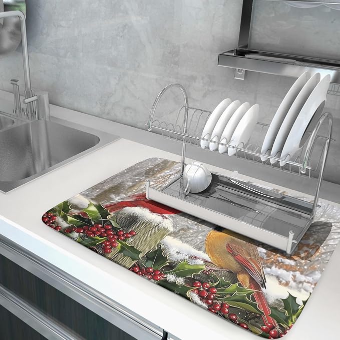 Winter Birds Dish Drying Mat Red Berry Dish Drainer Rack Mat Microfiber - Image 5