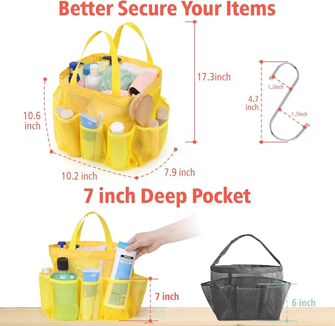 F-color Mesh Shower Caddy Portable, Upgrade Deeper 7 Pockets Shower Bag Basket - Image 4