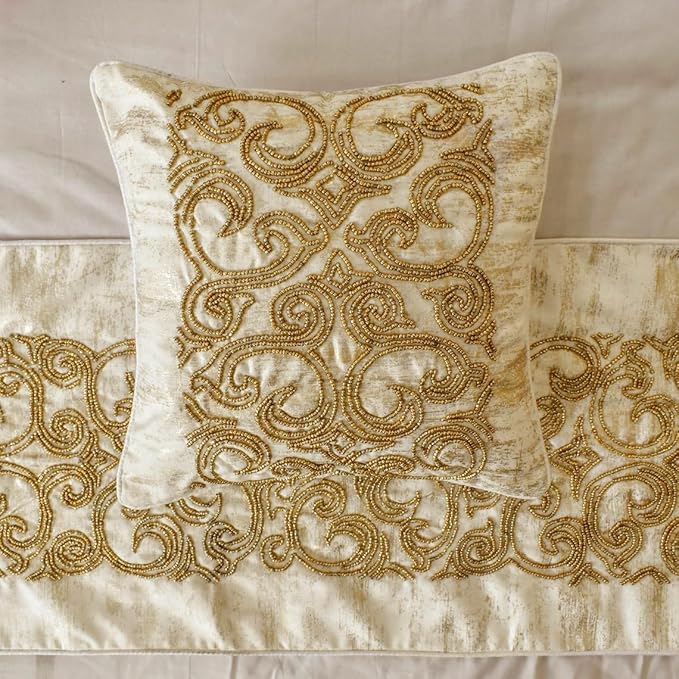 The HomeCentric King/Queen/Twin Gold Designer Twin 53"x18" Bed Runner with 2 Pillow Cover, Foil & Hand Beaded Embroidery Bed Scarf on Jacquard Fabric - Ornamento Oro