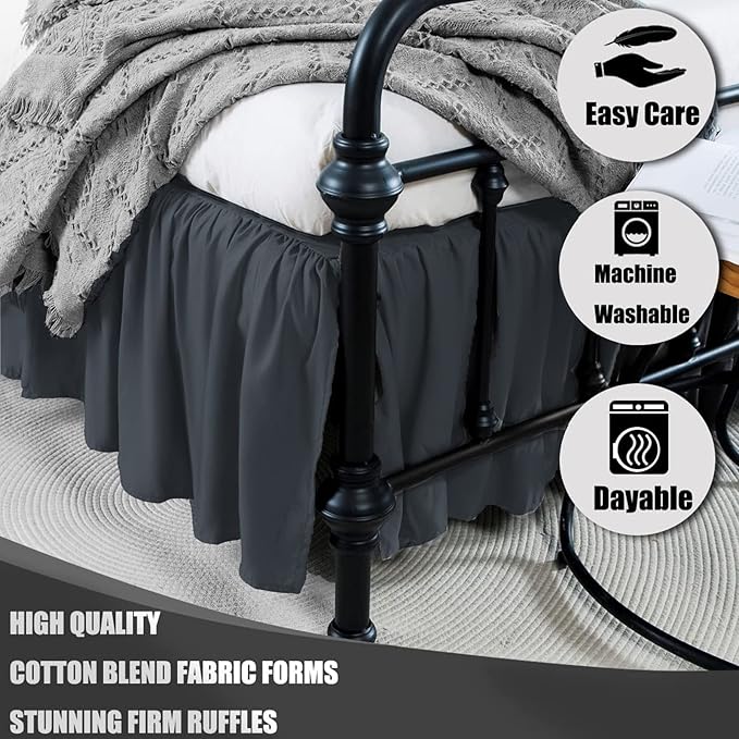 TSUTOMI Black Bed Skirt King Size Ruffled Bed Skirt with Split Corners, King Bed Skirt 12 Inch Drop, King Size Bed Skirt Black for Ruffled Bed Skirt with Split Corners, Bed Skirt King Size