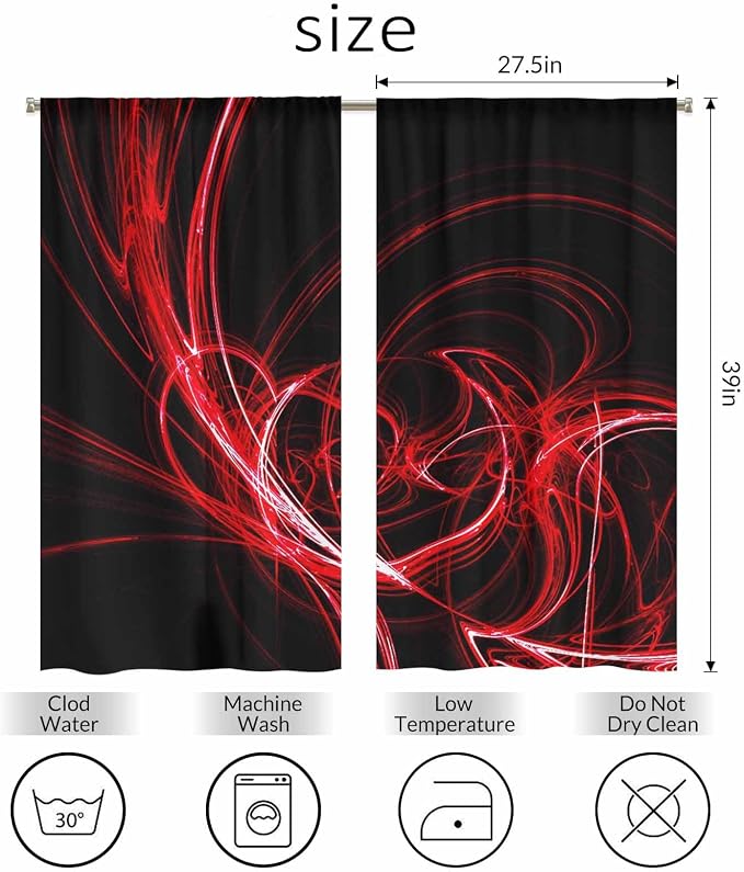 Red Circle Kitchen Curtains Abstract Red Circles Lines Black Mystical Short - Image 2