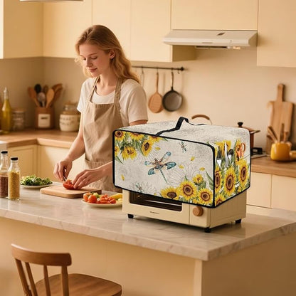 Dragonfly Sunflower Print Microwave Oven Cover Dust-Proof Microwave Toaster Oven Cover with Storage Bags Universal Washable Decor Accessories for Kitchen, M
