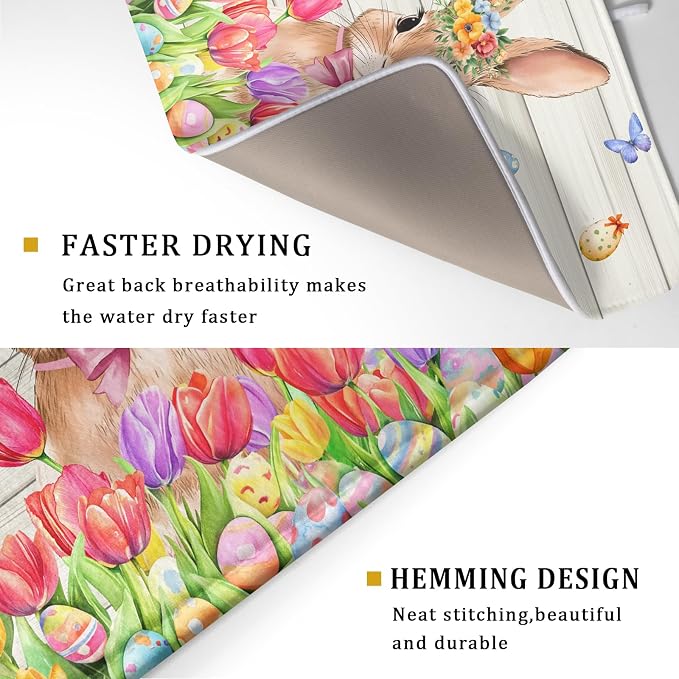 Easter Bunny Dish Drying Mat 18x24 inch Eggs Floral Fast Drying Pad Washable - Image 3