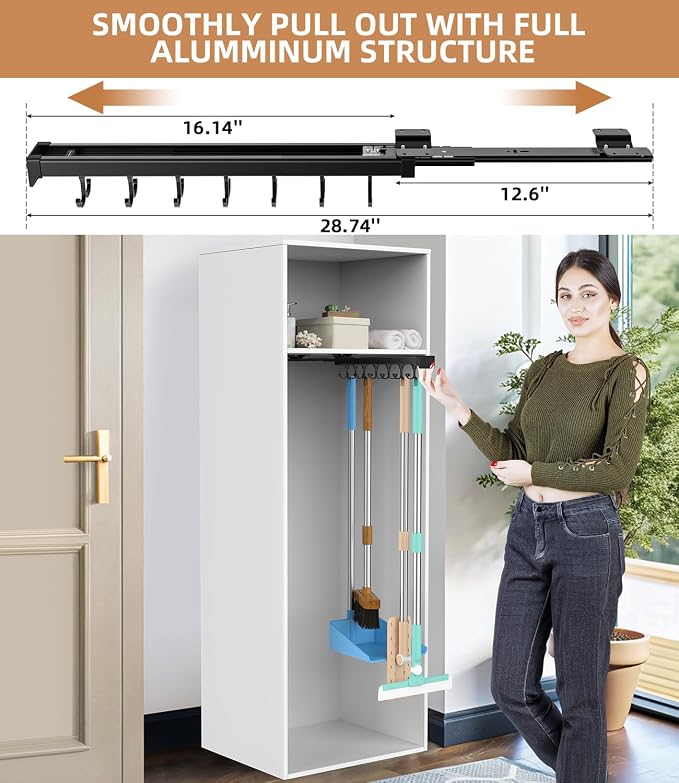 Pull Out Broom Holder With Adjustable Double Row Sliding Hook, - Image 2
