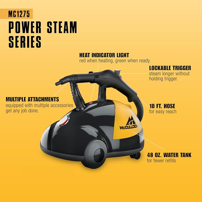 McCulloch MC1275 Heavy-Duty Steam Cleaner, 45 Minute Runtime, 18 Accessories: - Image 4