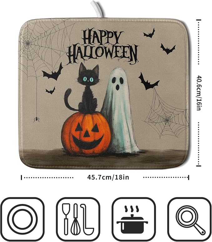 Happy Halloween Black Cat Ghost Dish Drying Mat - Image 2