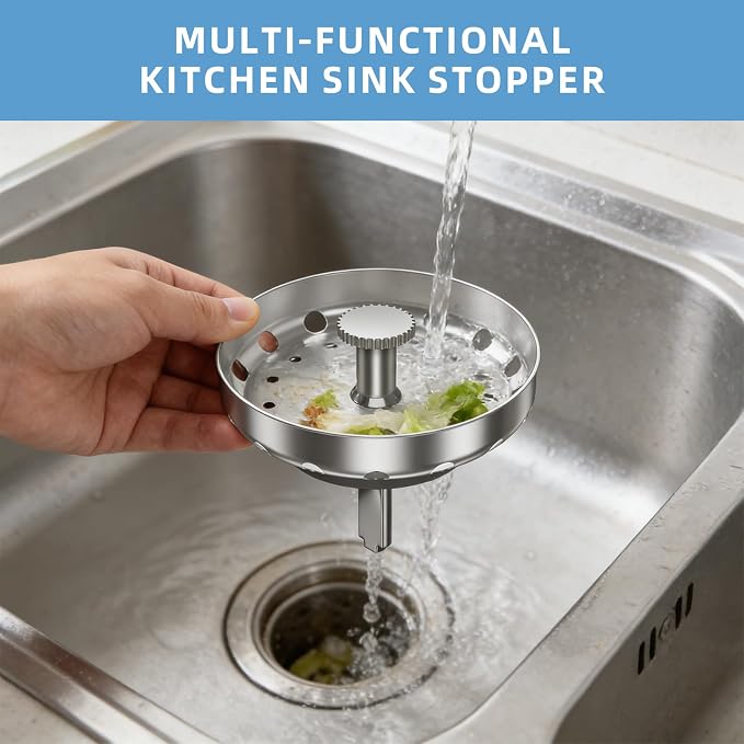 Kitchen Sink Strainer Basket, Stainless Steel, 3-1/2 Inch Drain Stopper Combo - Image 5