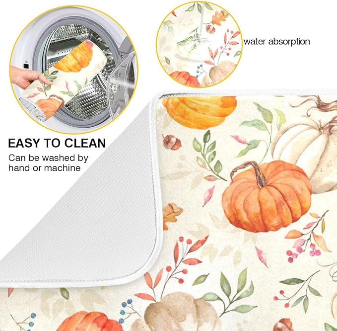 Autumn Fall Dish Drying Mat for Kitchen Counter Watercolor Pumpkin Maple Leaf - Image 3