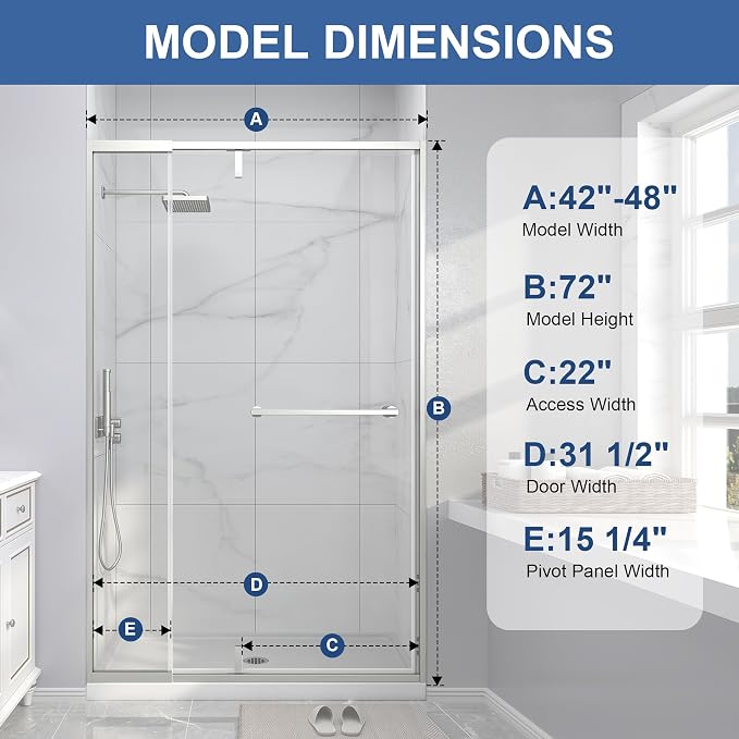 Semi Frameless Pivot Shower Door 42-48" W x 72" H, Swing Shower Glass Doors - Image 3