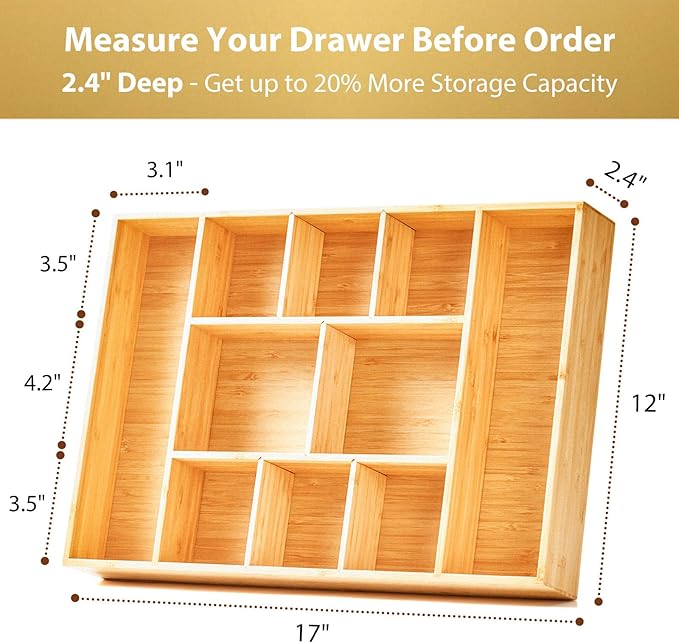 Umilife Extra Large Bamboo Desk Drawer Organizer, Wood Junk Organizer Tray - Image 4