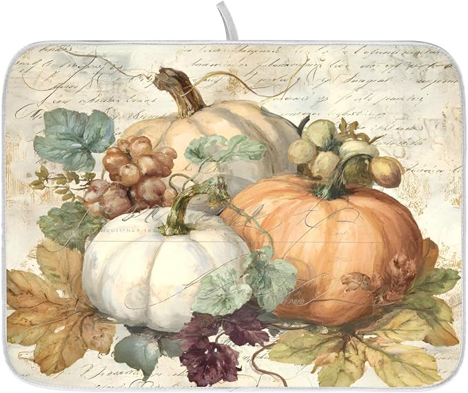 Autumn Pumpkin Fall Leaves Thanksgiving Dish Drying Mat by ALAZA