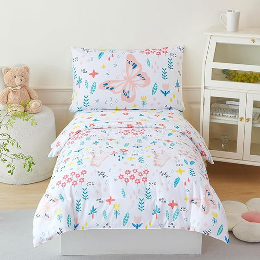 PERFEMET 5 Pieces Girls Bed in A Bag Full Size Reversible Pink Flowers Butterfly Comforter Set with Sheet Soft Lightweight Botanical Floral Bedding Set for Kids Teen(White, Full)