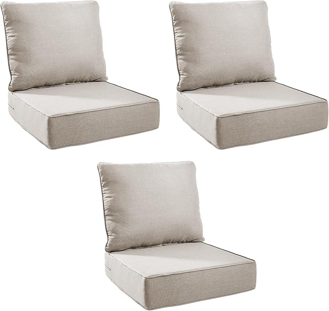 Outdoor Cushion Set for Furniture Patio Furniture, UV Resistant, Water Resistant - 6 Inch Thick Foam Garden Cushions– 24x24 Inch Patio Seat Covers for Chair/Sofa/Couch | Beige | 3-Pack |
