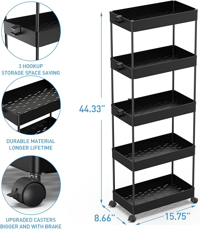 SPACEKEEPER 5-Tier Rolling Cart, Bathroom Storage Organizer Utility Cart - Image 3